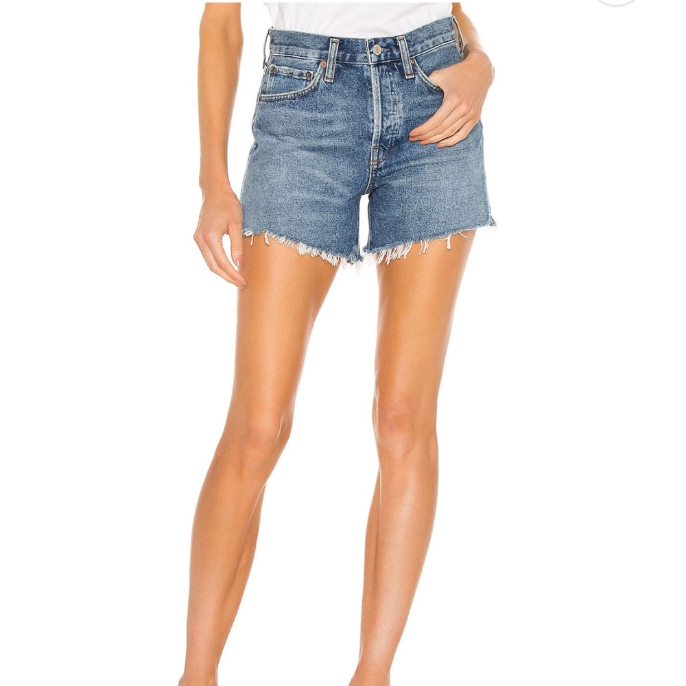 Agolde Blue High-Waisted Jean Shorts Distressed